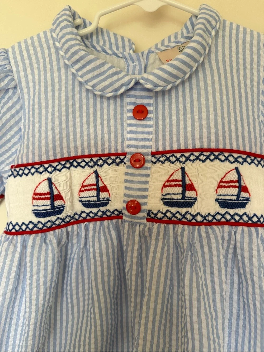Smockingbird Girls Smocked Sailboat Seersucker Dress Size 5